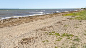 Une plage avec un rivage sablonneux, des vagues et un ciel dégagé.