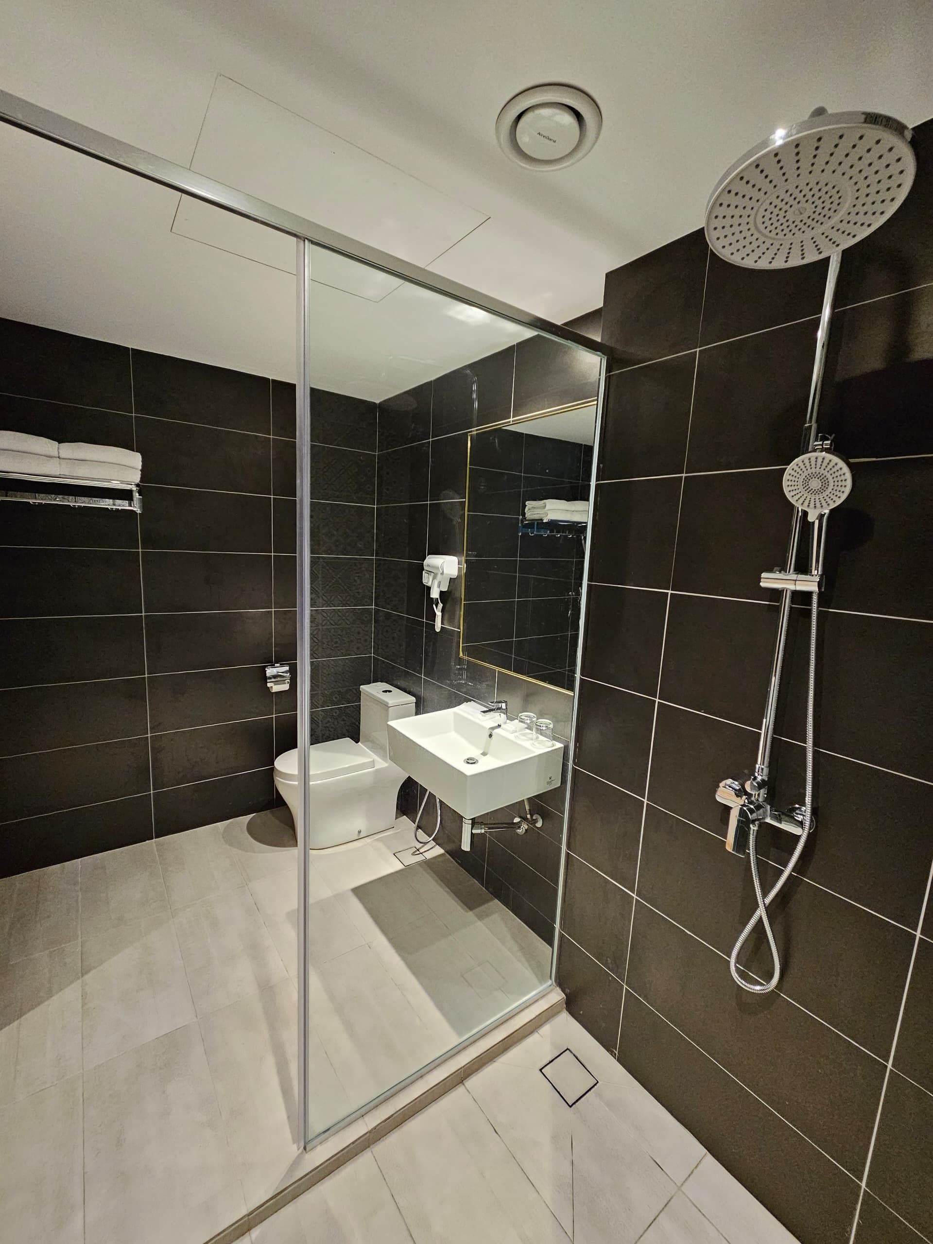 A modern bathroom with a glass shower enclosure, a white sink, and a toilet.