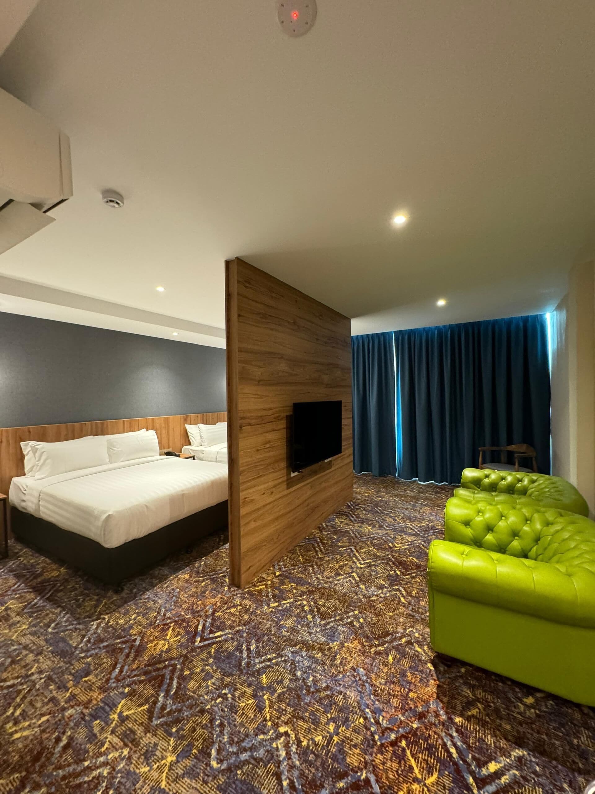 Una habitación de hotel con una cama, un televisor instalado en un panel de madera, un sofá verde y una alfombra estampada.