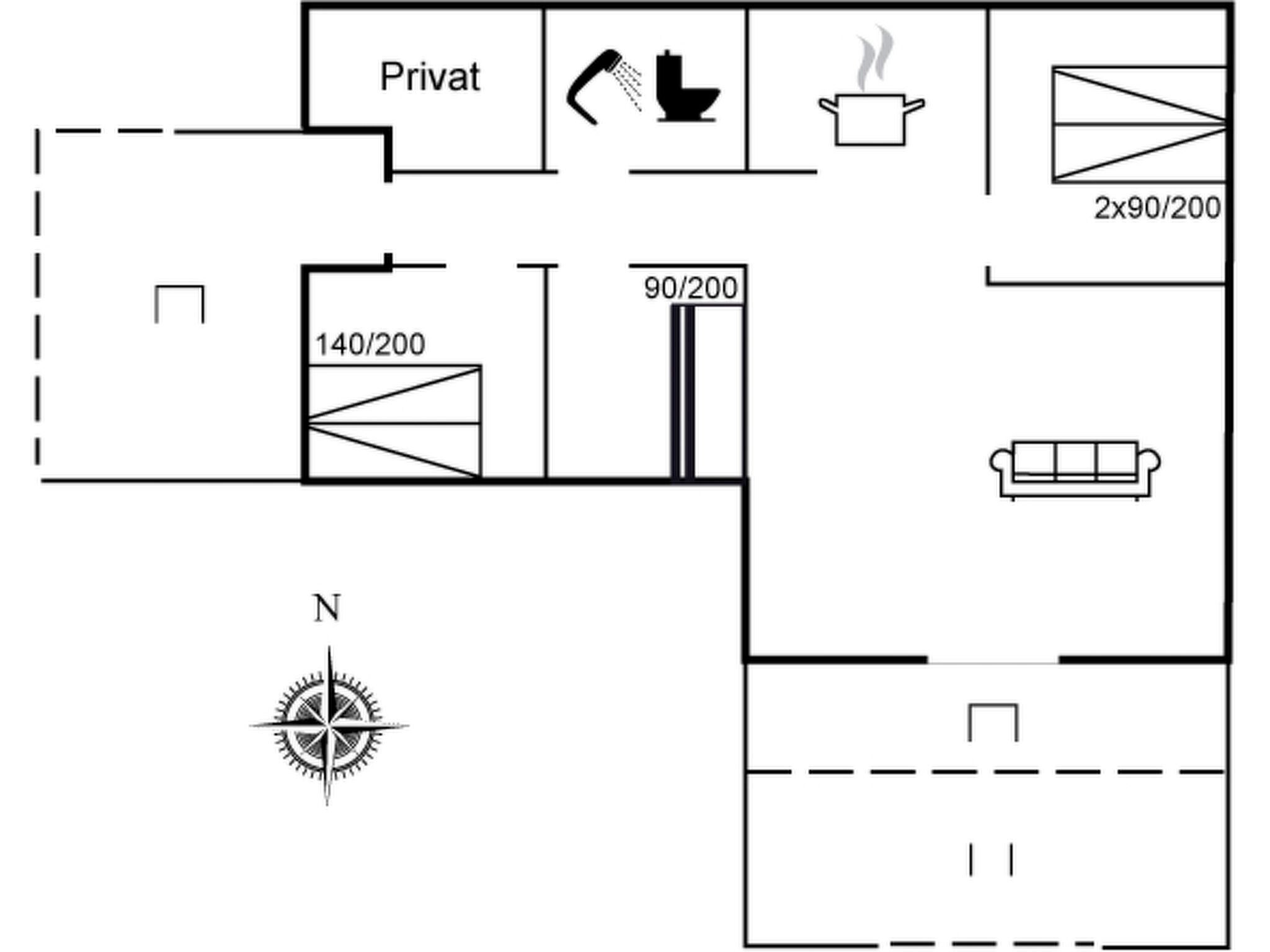 Un plano de planta con baño privado, kitchenette y zona de estar con sofá.