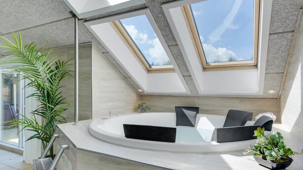 Un baño moderno con tragaluz, bañera y planta en maceta.