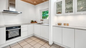 A modern kitchen with white cabinetry, a built-in oven, a wooden ceiling, and a window with a view of greenery. - "Anniesette" - 1.5km from the sea by Interhome (Blåvand)