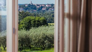 An open window with a view of a town, greenery, and a distant building. - Arabela in Baderna With 4 Bedrooms and 3 Bathrooms (Porec)