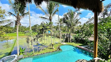 Relax by the serene pool surrounded by lush tropical vegetation and a thatched roof structure.