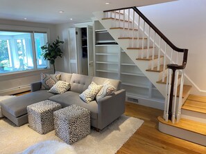 Smart TV, fireplace, books, computer monitors