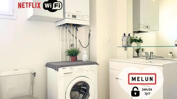 Shower, towels, soap, shampoo