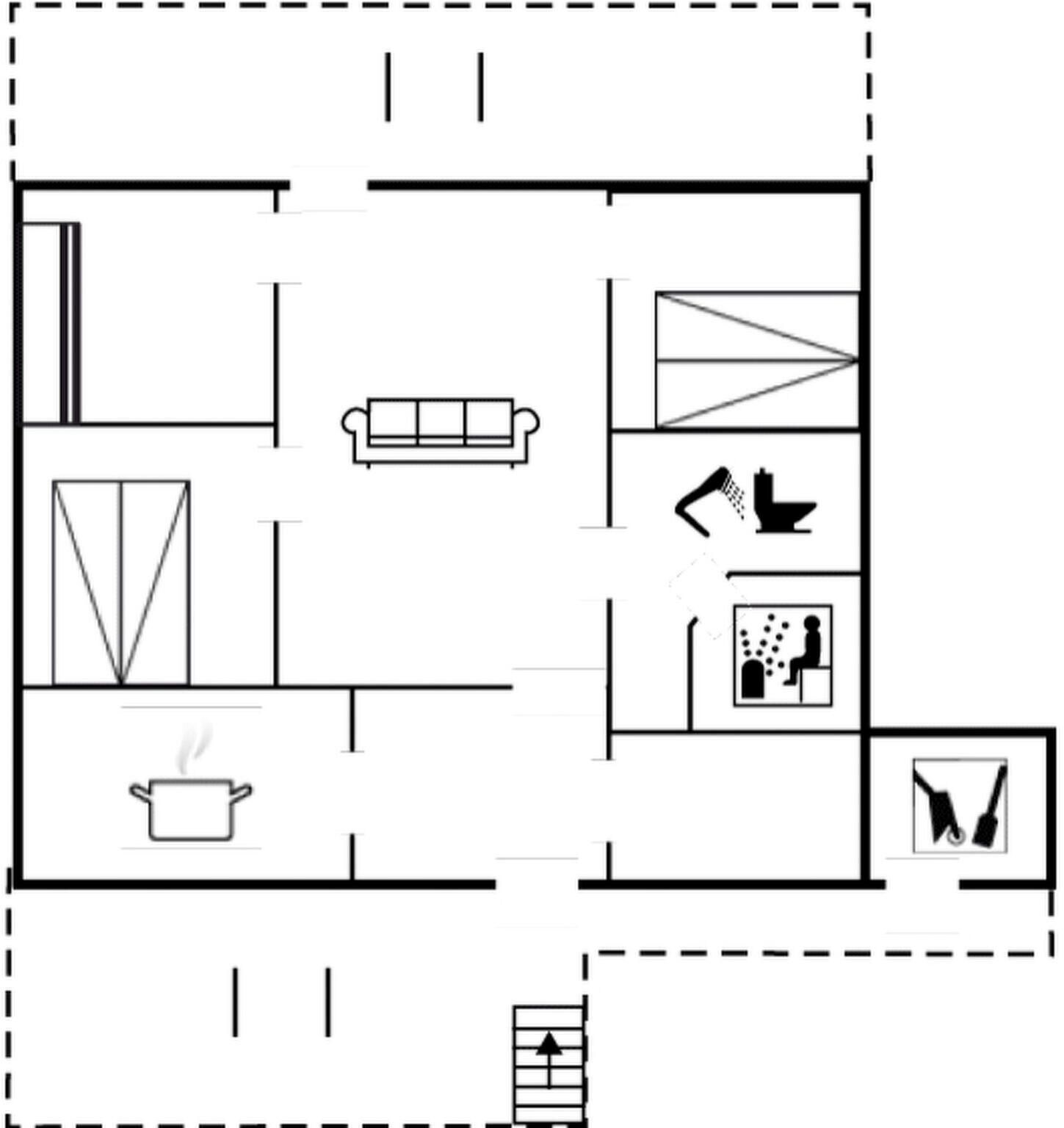 A floor plan with a kitchen area, a dining area, and a bathroom.