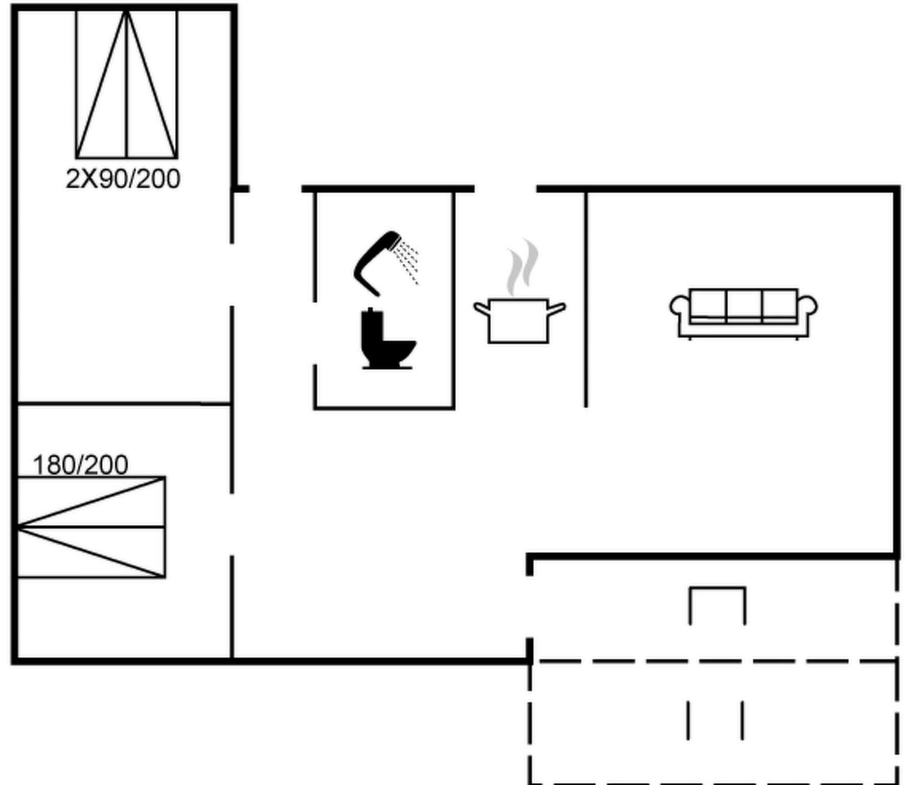 A floor plan with a kitchenette, a bathroom, a seating area, and a dining space.