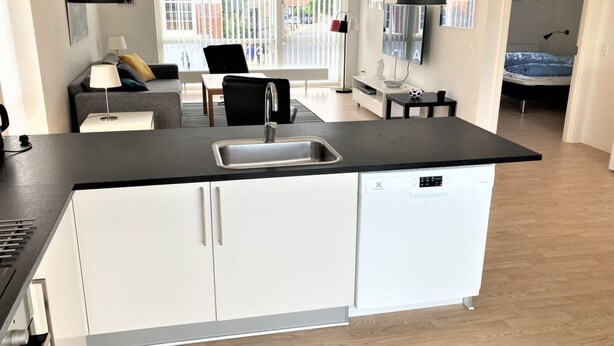 Een moderne keuken met een zwart aanrecht, witte kasten en een ingebouwde vaatwasser.