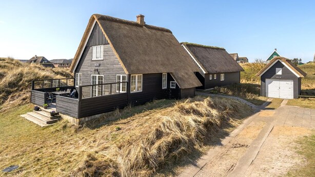 A thatched-roof house with a wooden deck and a small shed.