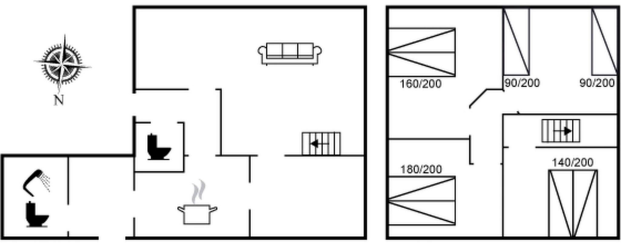 Een plattegrond met een keuken, een badkamer en een woonruimte.