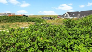 Un paysage rural avec une maison entourée d’une végétation luxuriante et un ciel bleu dégagé.