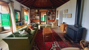 Un salon chaleureux avec un haut plafond en bois, un canapé vert, un tapis à motifs et une cheminée.