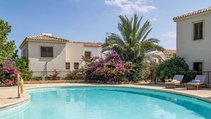 Piscina com borda curva, rodeada por um espaço de estar com espreguiçadeiras e uma palmeira.