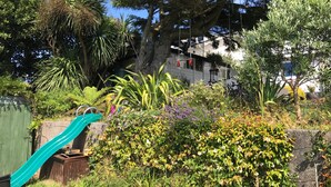 Un jardín con diversas plantas y un tobogán.