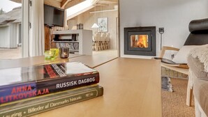 Un salon confortable avec une cheminée, un téléviseur et une bibliothèque.