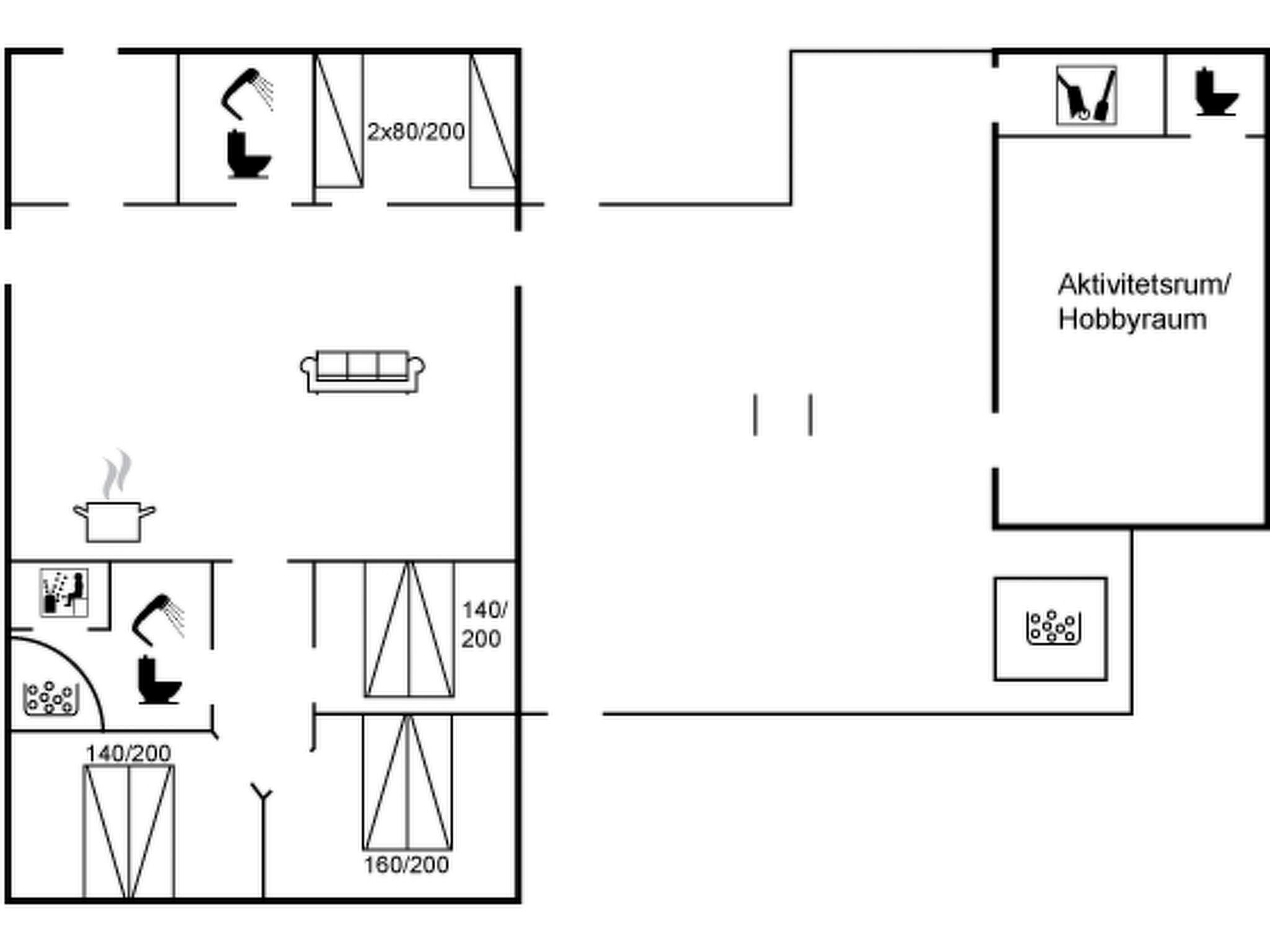 Een hotelindeling met een kitchenette, een zithoek en een afgebakende hobbyruimte.