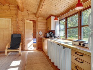 Fridge, high chair, cookware/dishes/utensils
