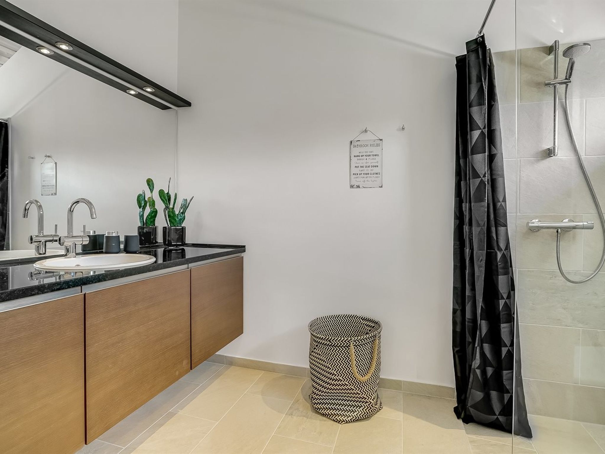 A modern bathroom with a shower, sink, and two potted plants.