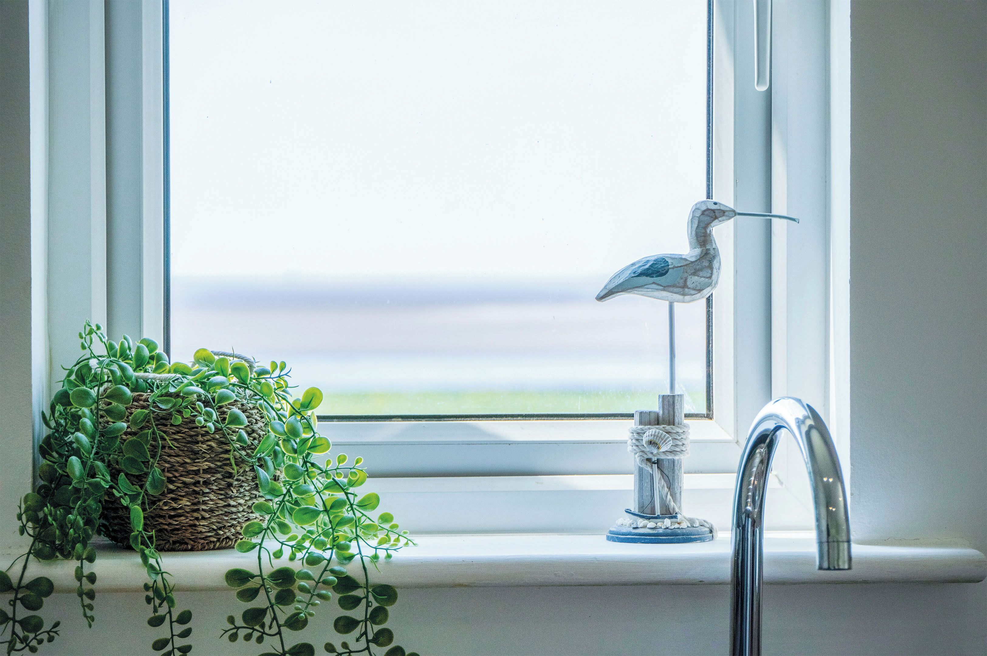 A window with a view of the sea, a wicker basket with green plants, and a silver faucet.