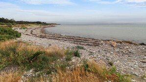 A rocky beach with a calm sea and a clear sky.
