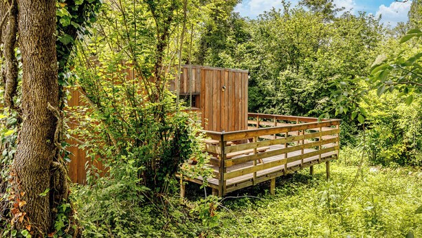 Una terraza de madera con una pequeña construcción tipo cabaña rodeada de follaje denso.