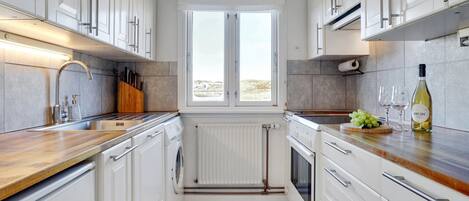 Fridge, oven, high chair, cookware/dishes/utensils