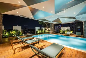 Indoor pool, open 10:00 AM to 8:00 PM, sun loungers