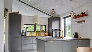 A modern kitchen with grey cabinetry, a central island, and pendant lighting. - "Sinna" -  from the sea by Interhome (Hals)