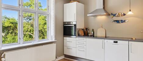 Fridge, oven, dishwasher, cookware/dishes/utensils
