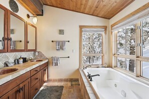 Combined shower/bathtub, jetted bath, hair dryer, towels