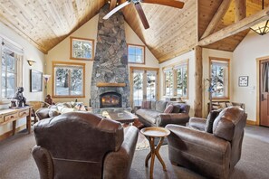 TV, fireplace, books