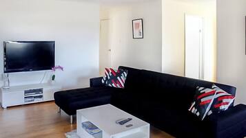 TV connectée, cheminée, lecteur de DVD, baby-foot