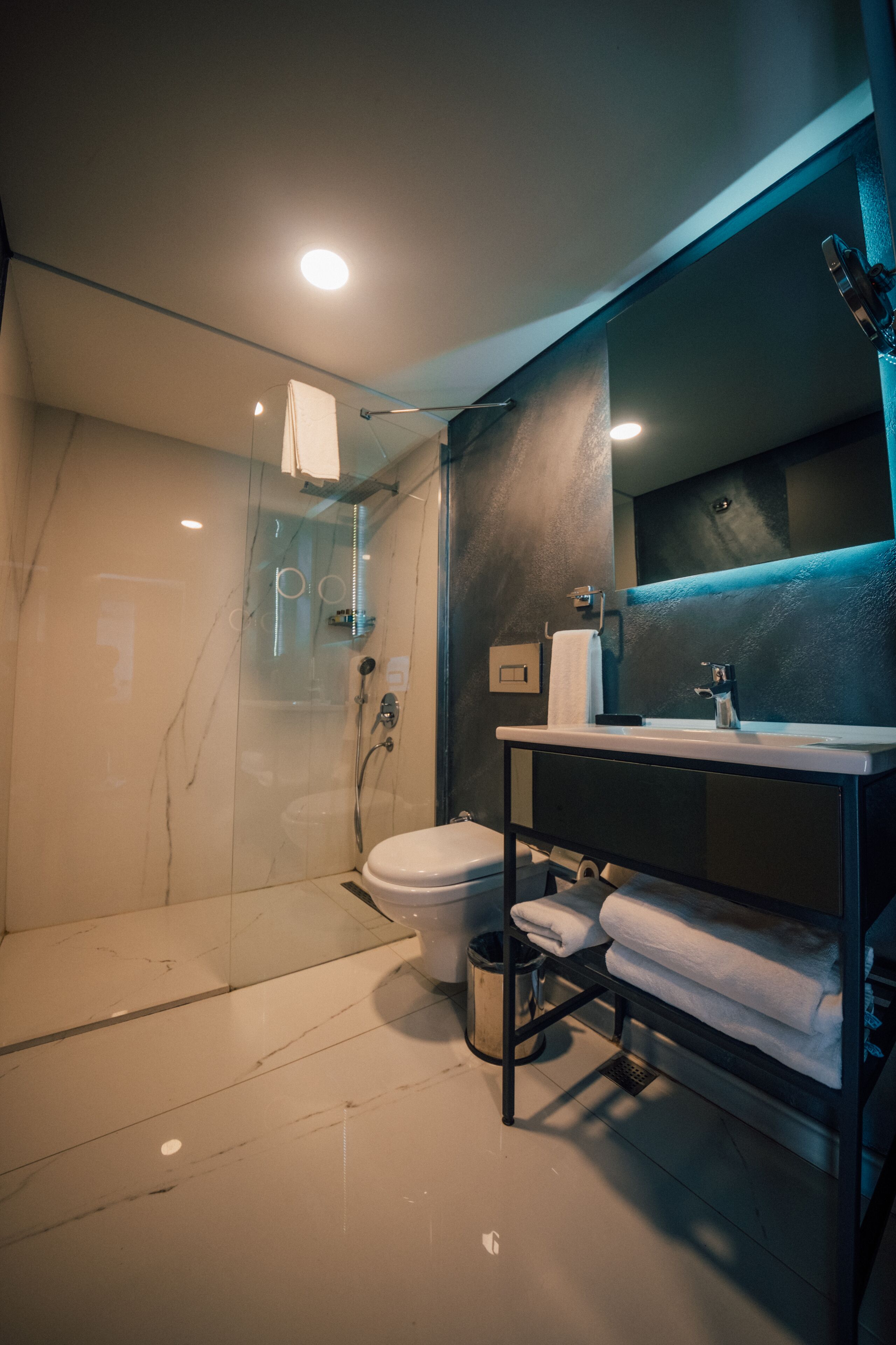 A modern bathroom with a glass-enclosed shower, a white toilet, a vanity with a mirror, and a towel rack.