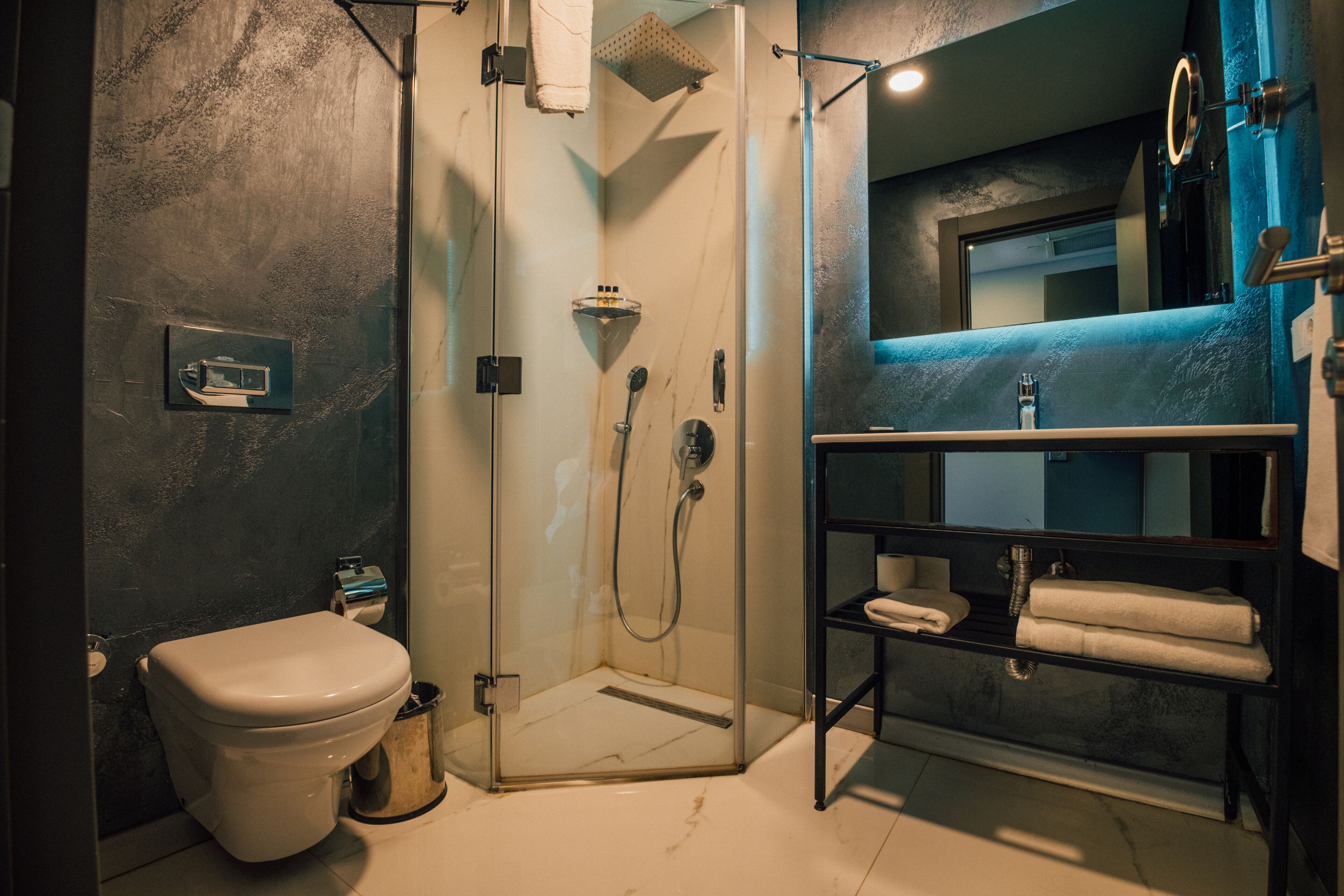 A modern bathroom with a glass-enclosed shower, a toilet, and a sink with a mirror.