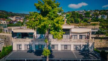 A modern building with a large tree in front, multiple windows, and a view of a hillside with houses.