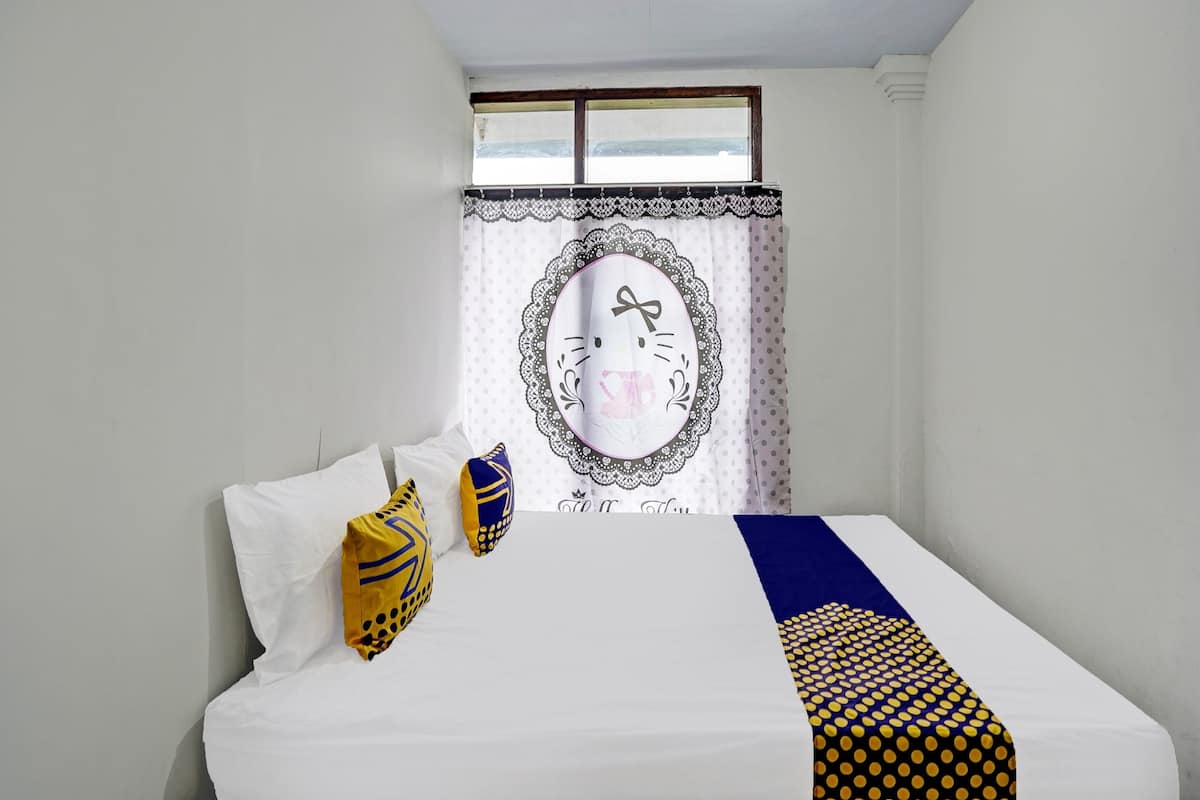 A room with a bed, pillows, a window, and a curtain with a face design.