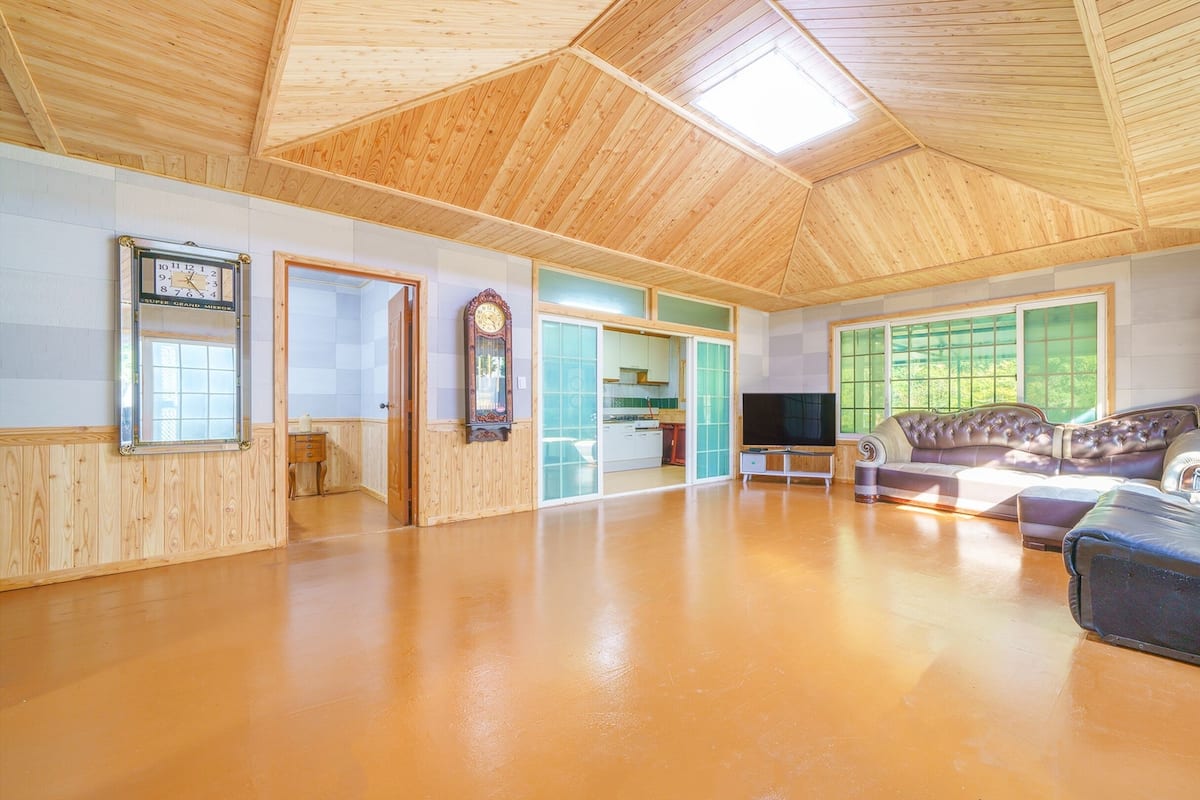A spacious room with a high wooden ceiling, a large window, a sofa, a television, and a mirror.