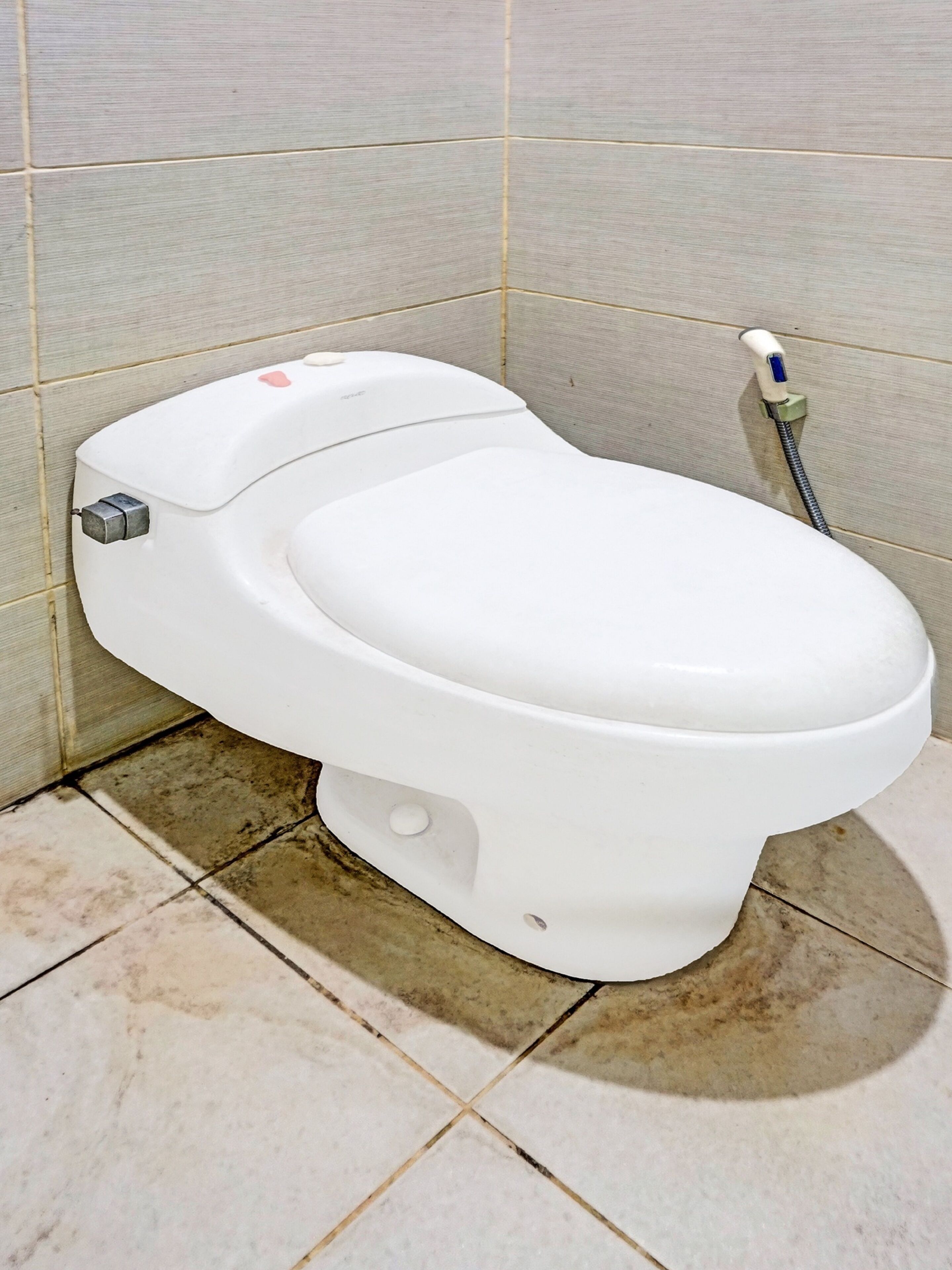 A white toilet with a control panel, a bidet attachment, and a hose.