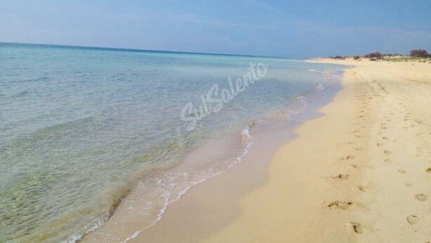 A beach with clear water, sandy shore, and footprints.