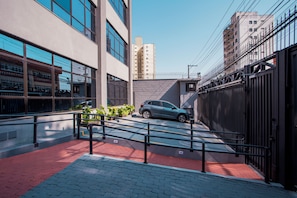 Stunning city views await from this contemporary building's expansive windows.