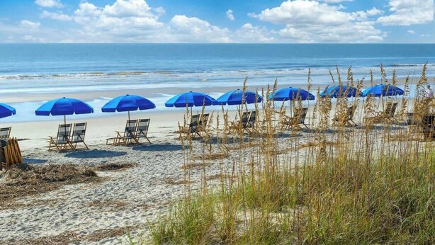 A beach with blue umbrellas and beach chairs.