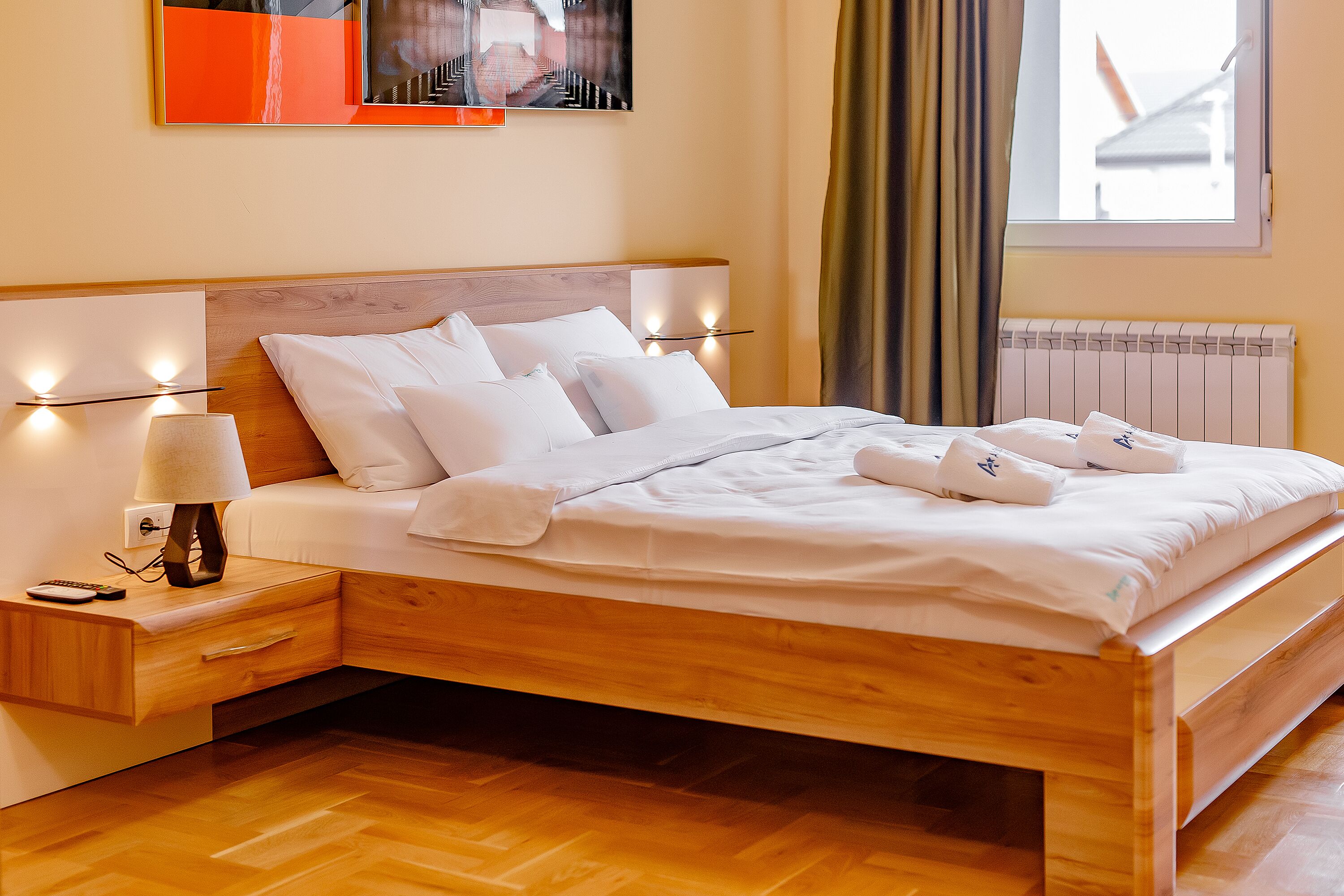 comfort double room | desk, laptop workspace, blackout curtains, soundproofing