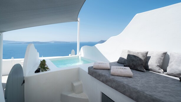 Junior Suite with Caldera-Sea View and Private Outdoor Hot Tub | Terrace/patio - Bligos Villas (Santorini)