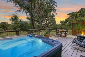 Private hot tub with views out in front of the casita.