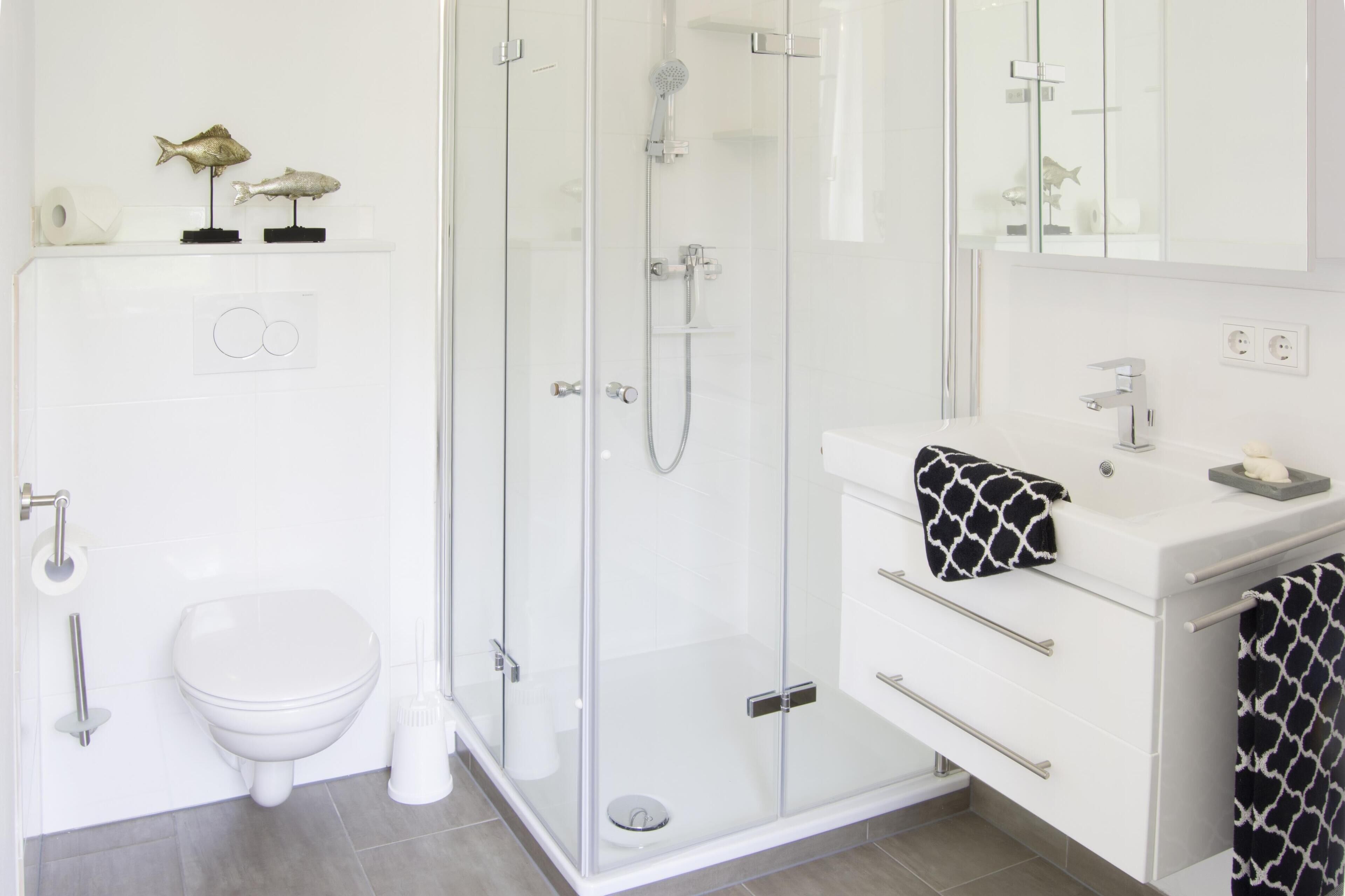 Een moderne badkamer met een glazen douchecabine, een wit toilet en een wastafel met spiegel en handdoekhouder.