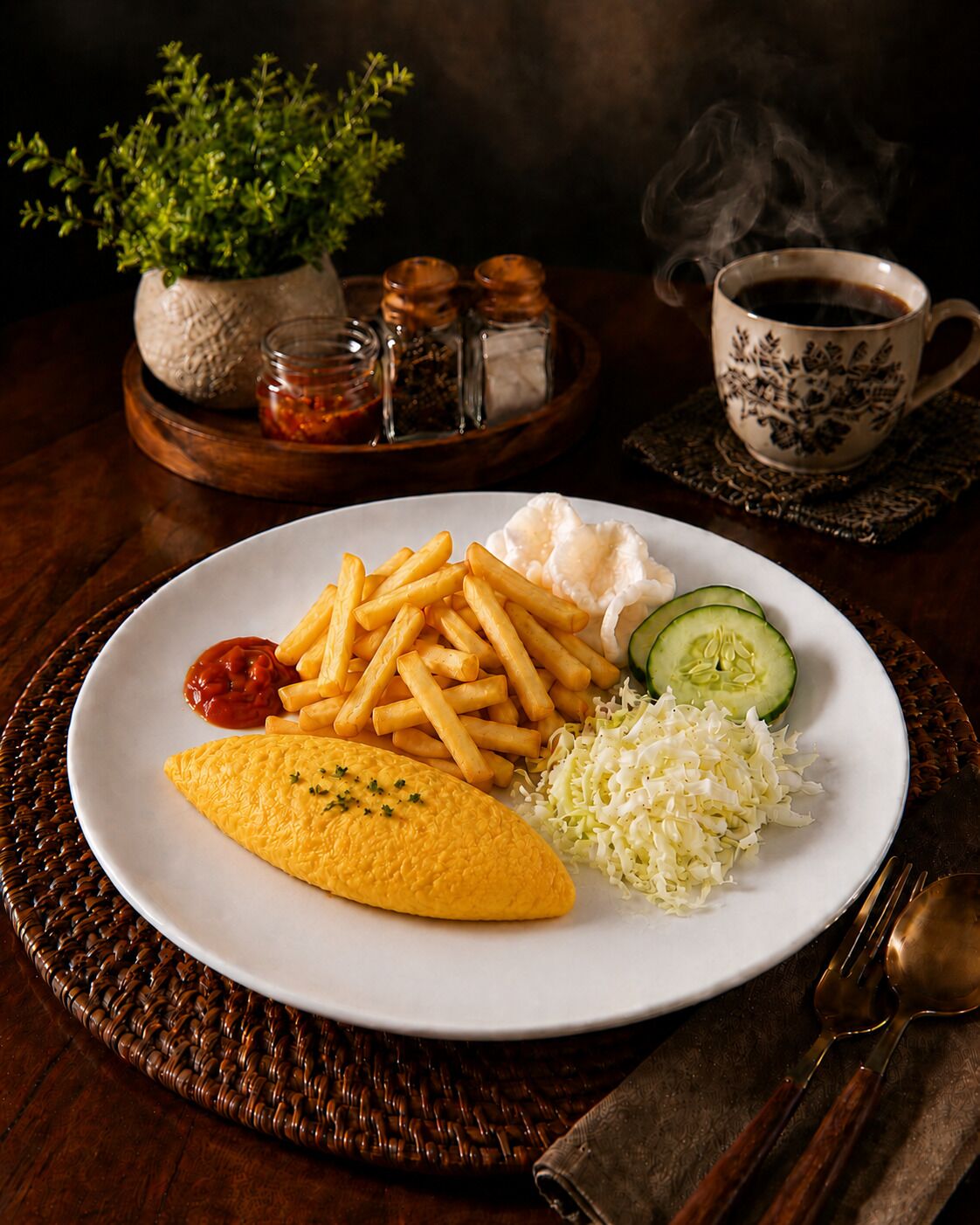 A plate with French fries, a cucumber slice, shredded cabbage, and an omelette on a white plate.