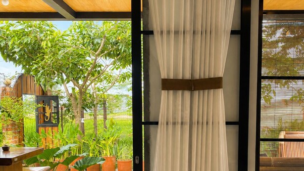Un umbral abierto que da a un jardín con un banco de madera y plantas en macetas.