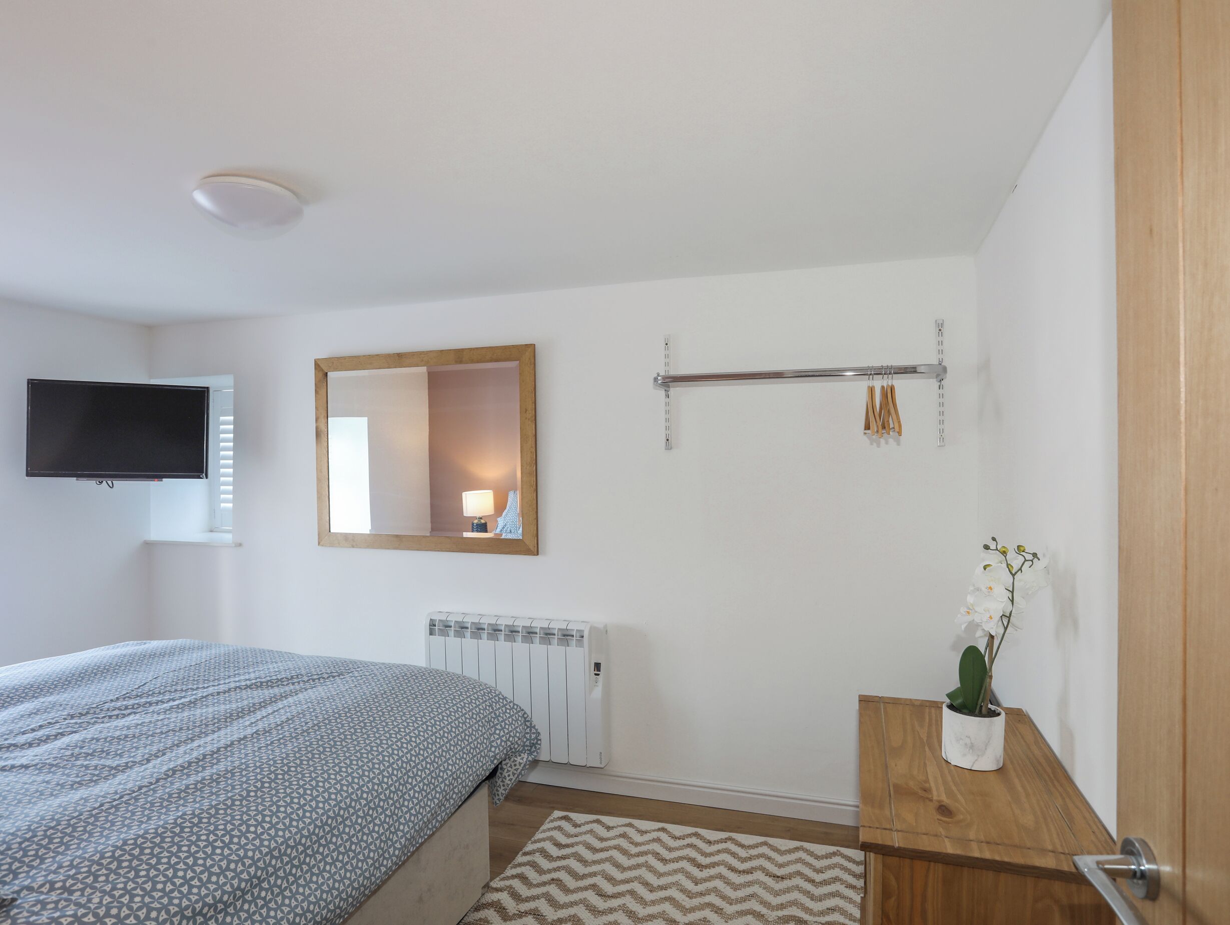 Een slaapkamer met een bed, een wandgemonteerde televisie, een spiegel, een radiator, een houten nachtkastje met een plant, en een houten deur.