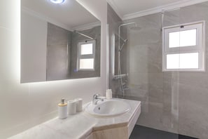 Secador de cabelo, toalhas de banho, sabonete, shampoo